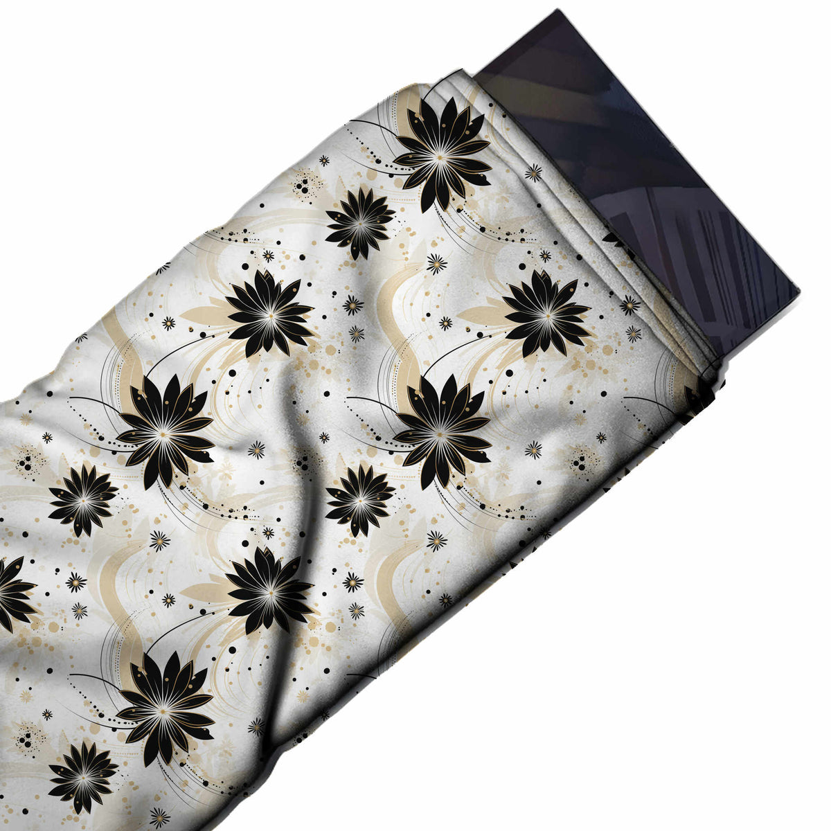 Flat fabric swatch: tossed all-over floral of medium black pointed-petal flowers with, design Design No_4371, Clothwala