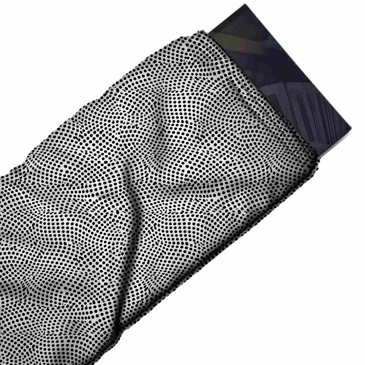 Flat fabric swatch: fine all-over layout of tiny black dots on white set in curving rows, design Design No_4117, Clothwala