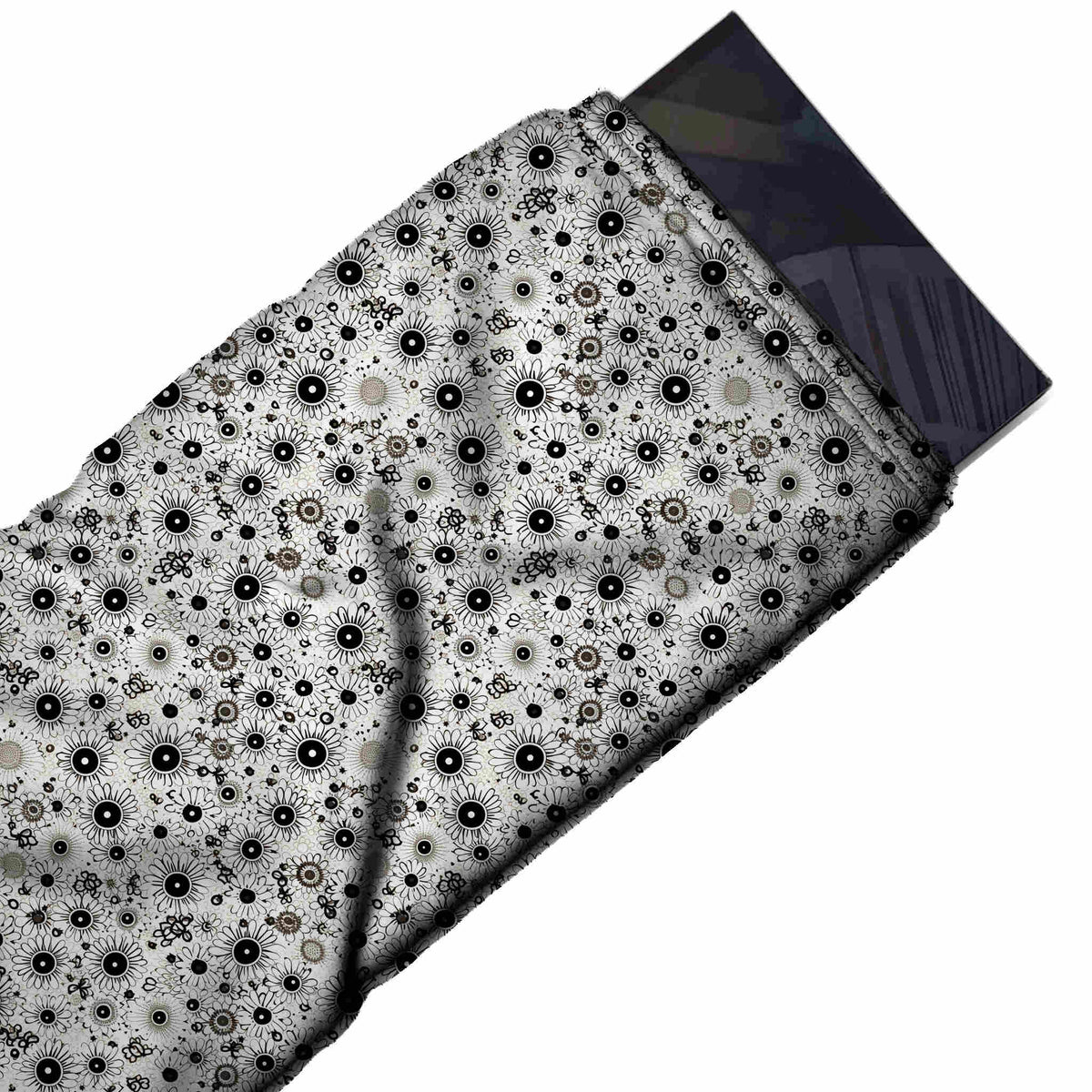 Flat fabric swatch: dense small-scale all-over layout of black ringed circles with fine, design Design No_4383, Clothwala