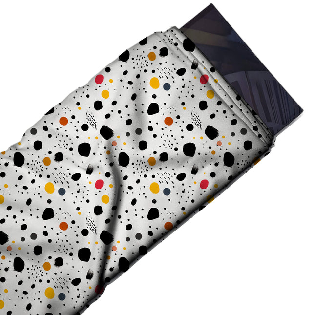 Flat fabric swatch: scattered all-over print of hand-painted irregular dots in mixed, design Design No_4041, Clothwala