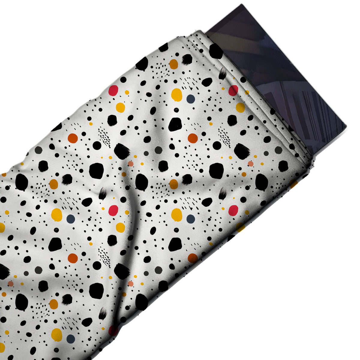 Flat fabric swatch: scattered all-over print of hand-painted irregular dots in mixed, design Design No_4041, Clothwala