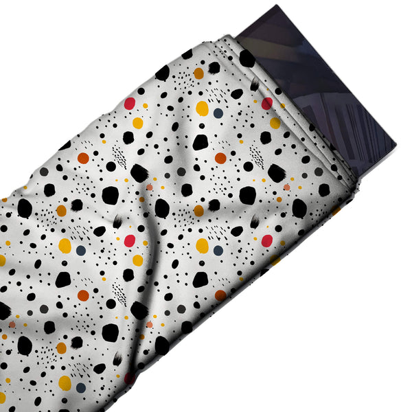 White & Black Multicolour Brush Dots Printed Spandex Fabric
