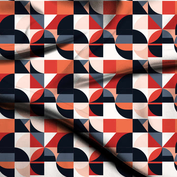 White & Black Navy Semicircle & Triangle Blocks Printed French Crepe Fabric