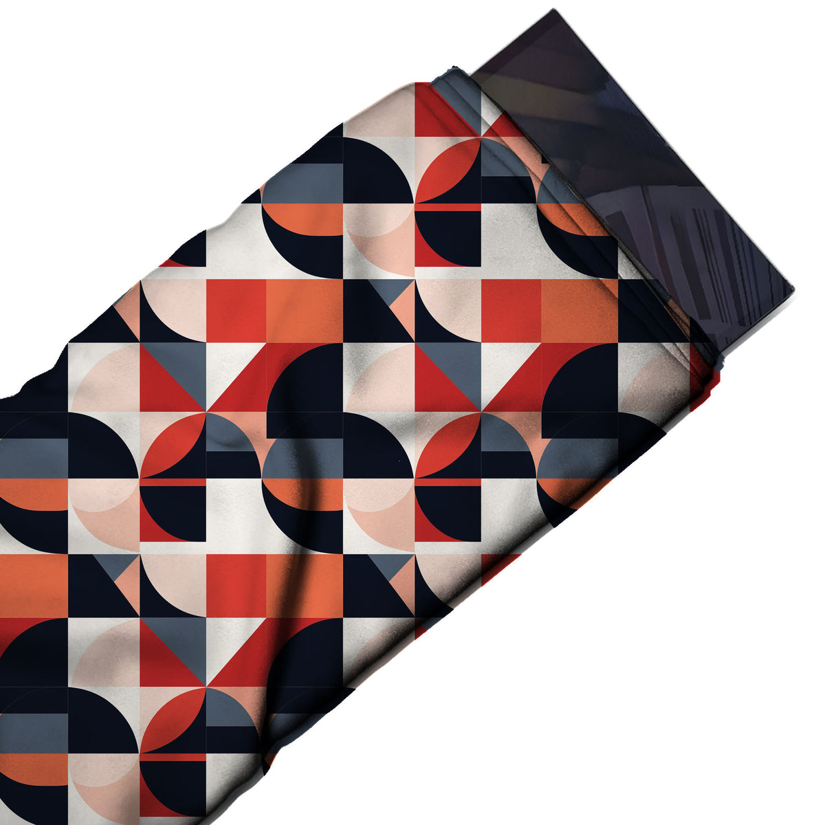 Flat fabric swatch: large-scale colour-block geometric of black navy semicircles and, design Design No_4176, Clothwala