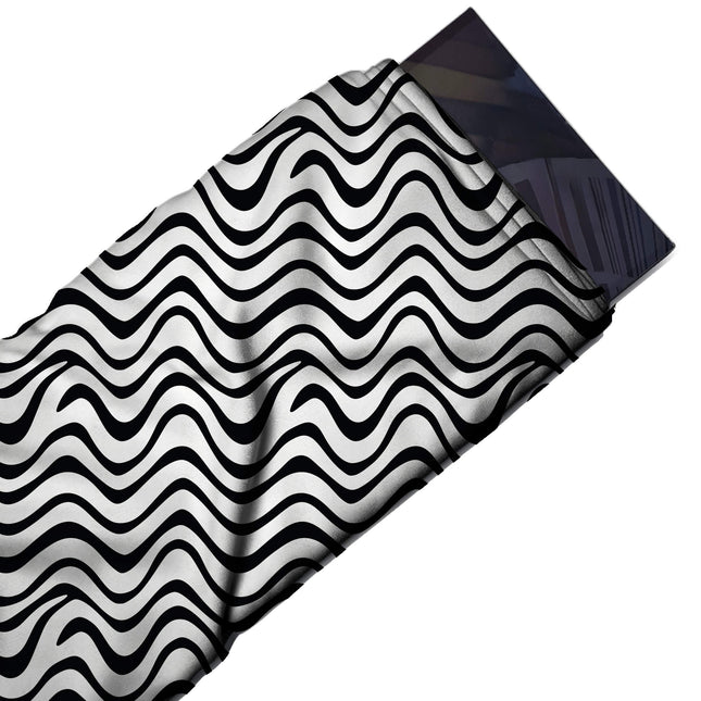 Flat fabric swatch: horizontal layout of smooth black wave lines that swell and taper as, design Design No_4028, Clothwala