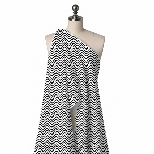 Draped on a mannequin: horizontal layout of smooth black wave lines that swell and taper, design Design No_4028, Clothwala