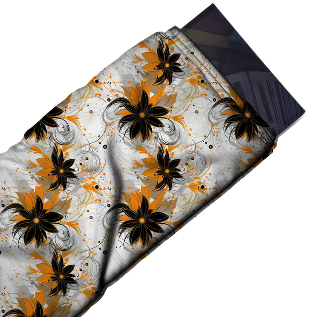 Flat fabric swatch: all-over floral in loose vertical columns of medium-large black, design Design No_4388, Clothwala