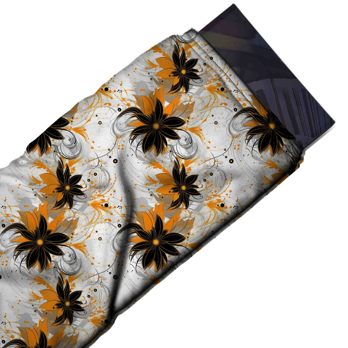 Flat fabric swatch: all-over floral in loose vertical columns of medium-large black, design Design No_4388, Clothwala