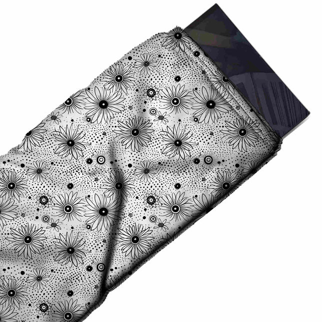 Flat fabric swatch: two-colour all-over print of medium outline daisies in black line with, design Design No_4393, Clothwala