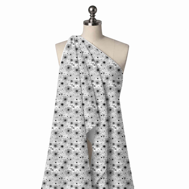 Draped on a mannequin: two-colour all-over print of medium outline daisies in black line, design Design No_4393, Clothwala