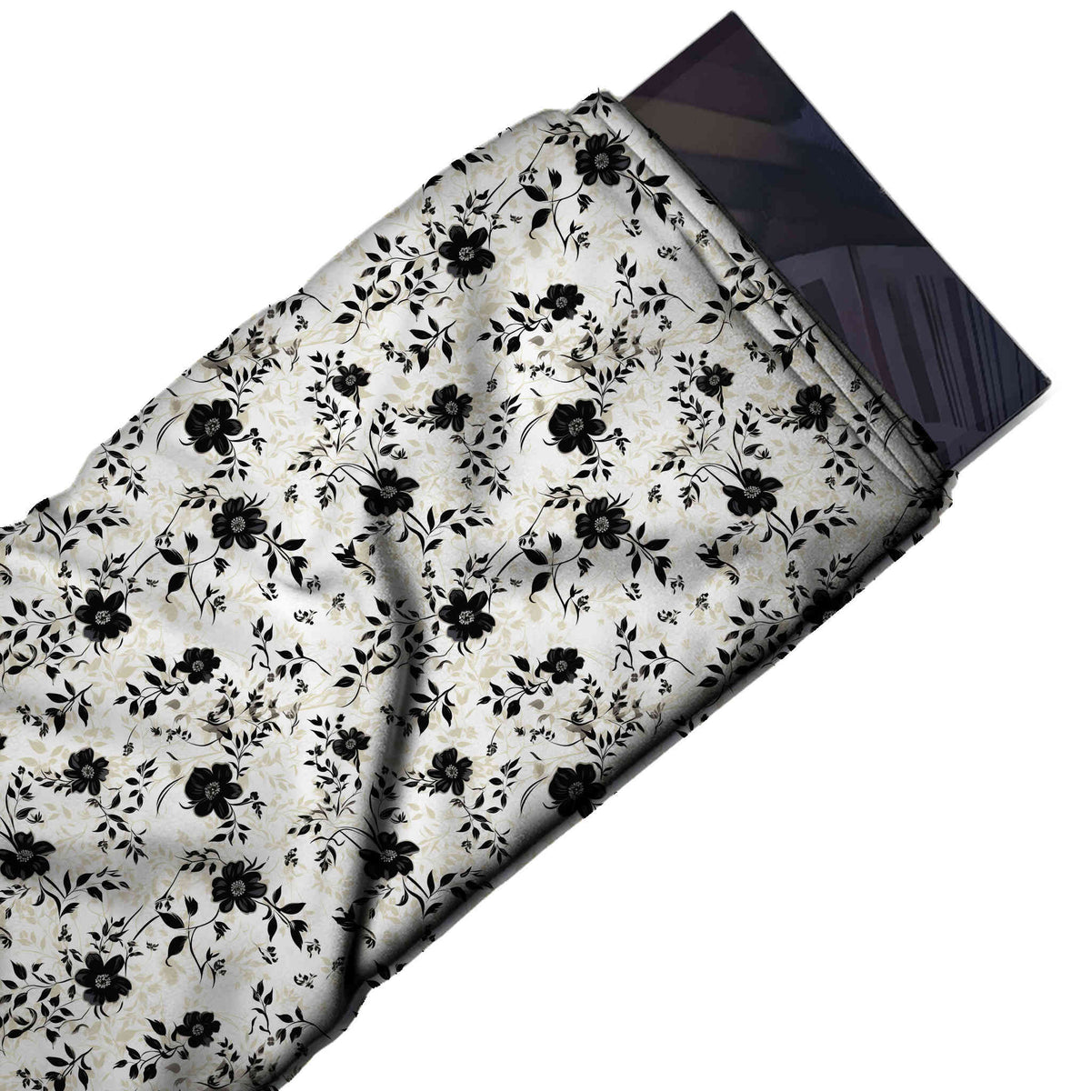 Flat fabric swatch: dense tossed all-over layout of small black five-petal blossoms with, design Design No_4136, Clothwala