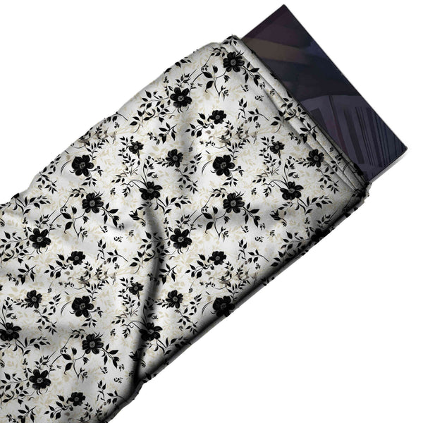 White & Black Packed Black Blossoms Printed French Crepe Fabric