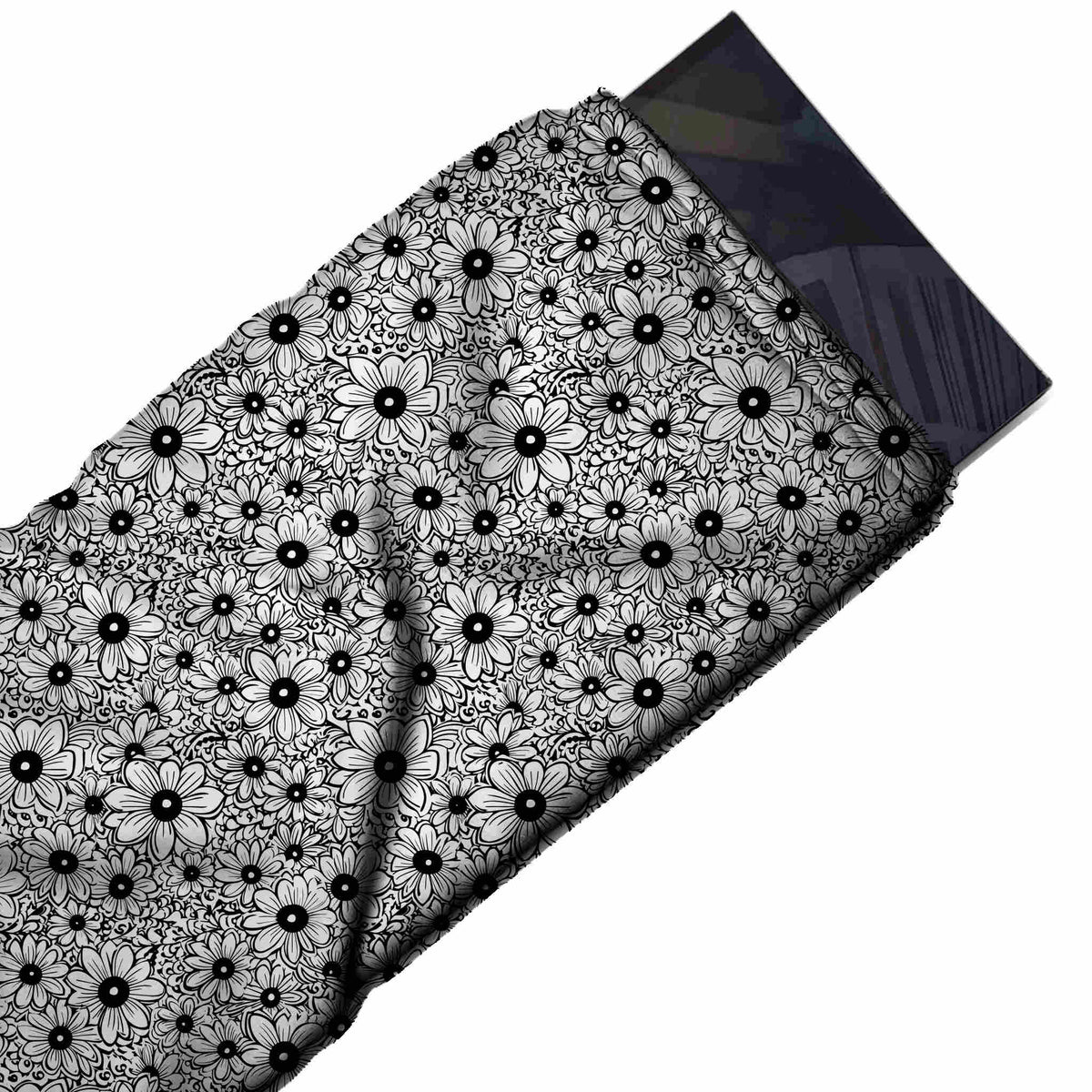 Flat fabric swatch: dense packed all-over floral of small white daisies outlined in black, design Design No_4369, Clothwala