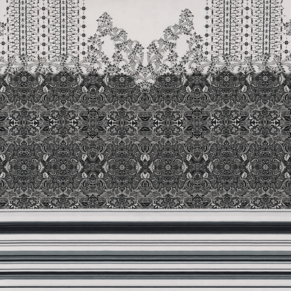 White & Black Paisley & Geometric Border Print Fabric