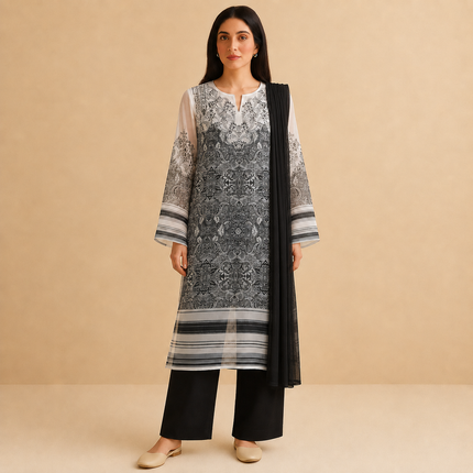 White & Black Paisley & Geometric Border Print Fabric — design 10748G0-SBGP/DS-46, Clothwala