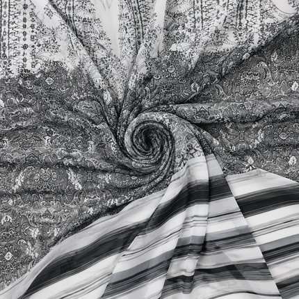 White & Black Paisley & Geometric Border Print Fabric — design 10748G0-SBGP/DS-46, Clothwala