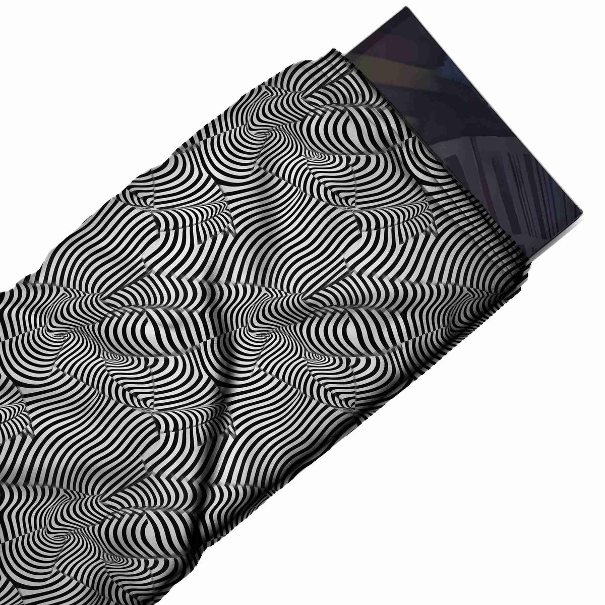 Flat fabric swatch: dense all-over op-art layout of fine black and white stripes flowing, design Design No_4118, Clothwala