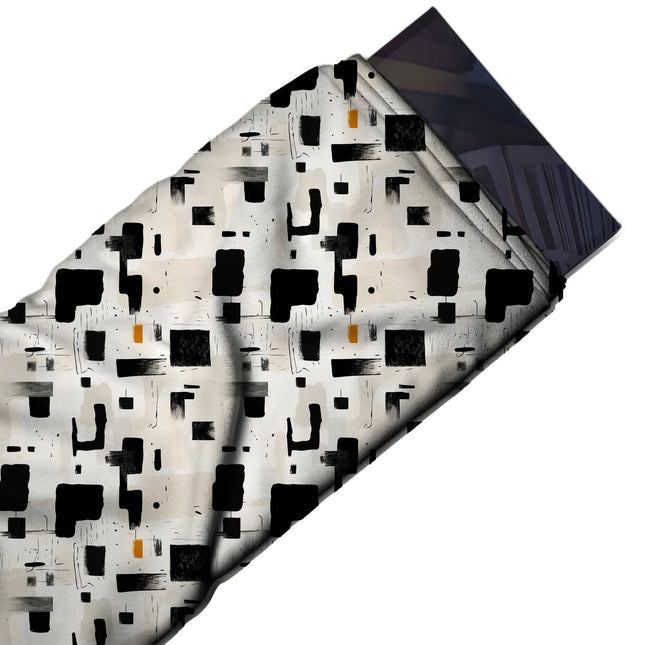 Flat fabric swatch: spaced all-over abstract of rough-edged solid black blocks and, design Design No_4071, Clothwala