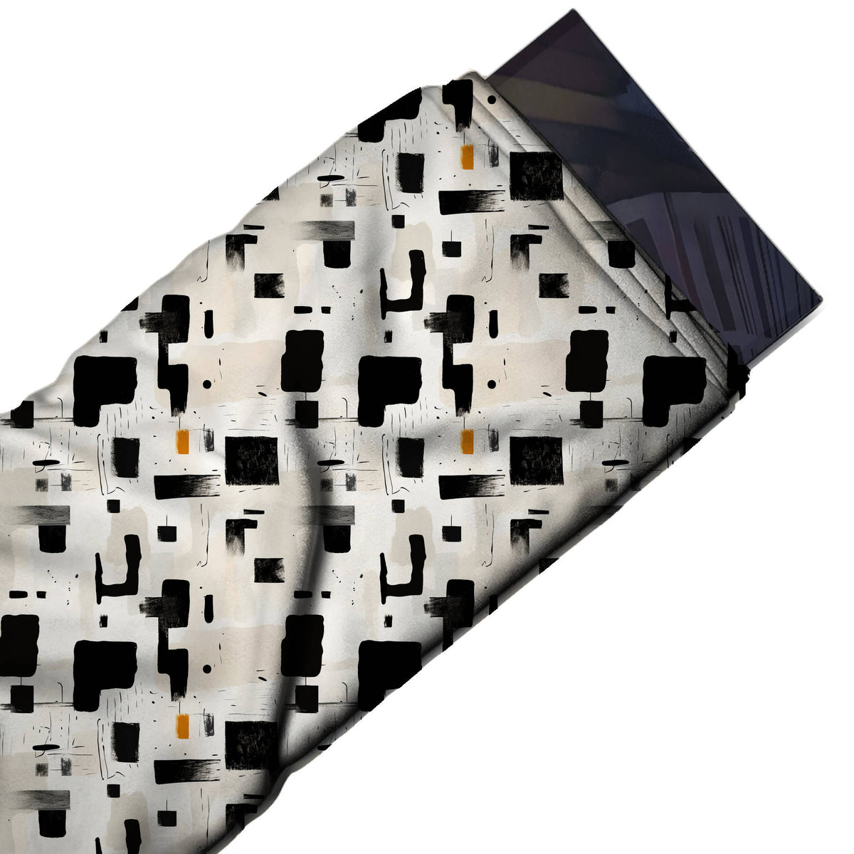 Flat fabric swatch: spaced all-over abstract of rough-edged solid black blocks and, design Design No_4071, Clothwala