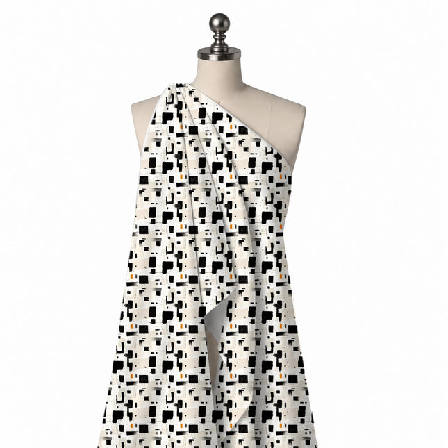 Draped on a mannequin: spaced all-over abstract of rough-edged solid black blocks and, design Design No_4071, Clothwala