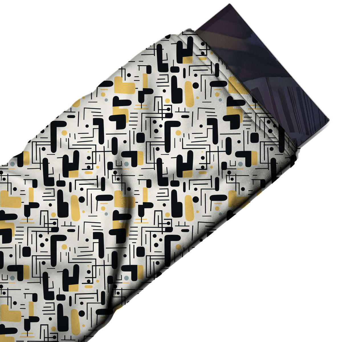 Flat fabric swatch: small-scale all-over flat graphic of black rounded bars and L-shapes, design Design No_4066, Clothwala