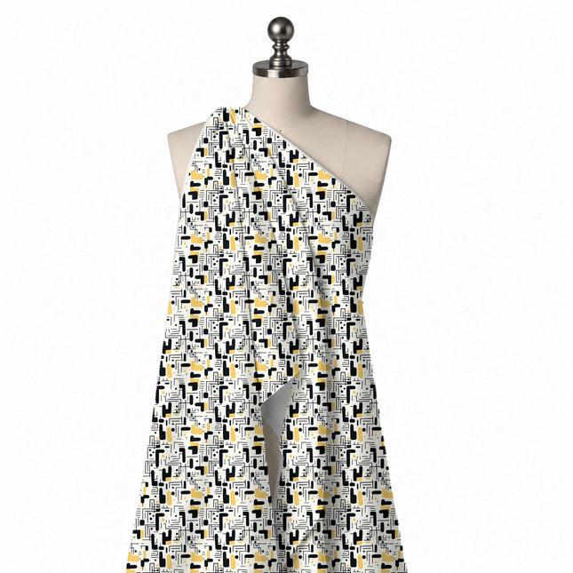 Draped on a mannequin: small-scale all-over flat graphic of black rounded bars and, design Design No_4066, Clothwala
