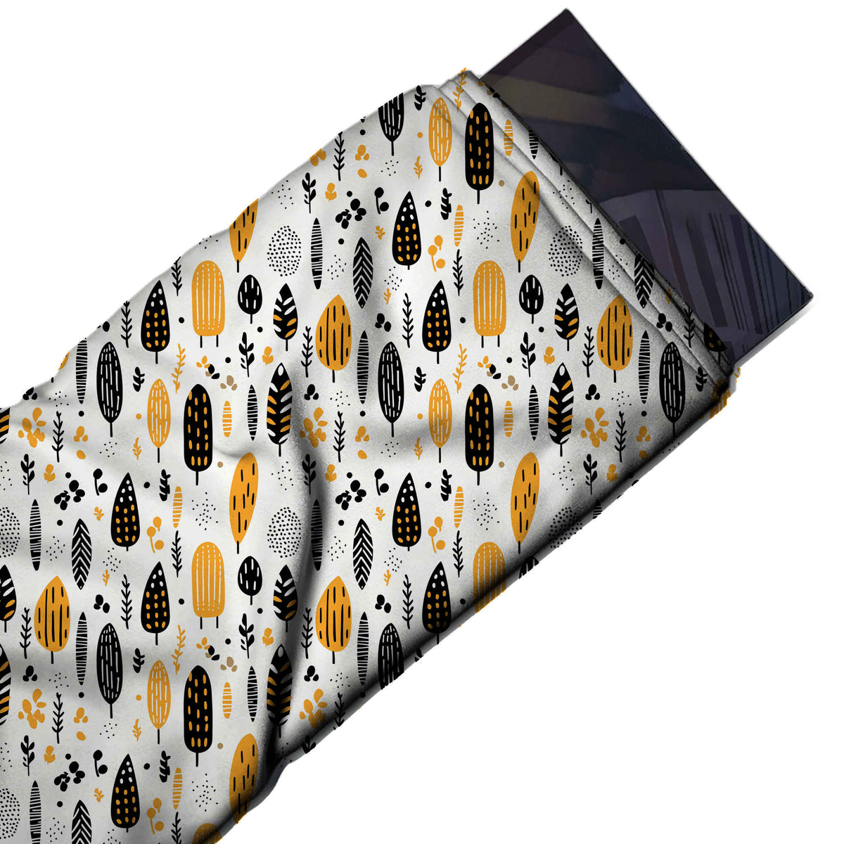 Flat fabric swatch: all-over one-way layout of small flat black and amber stylised leaves, design Design No_4095, Clothwala