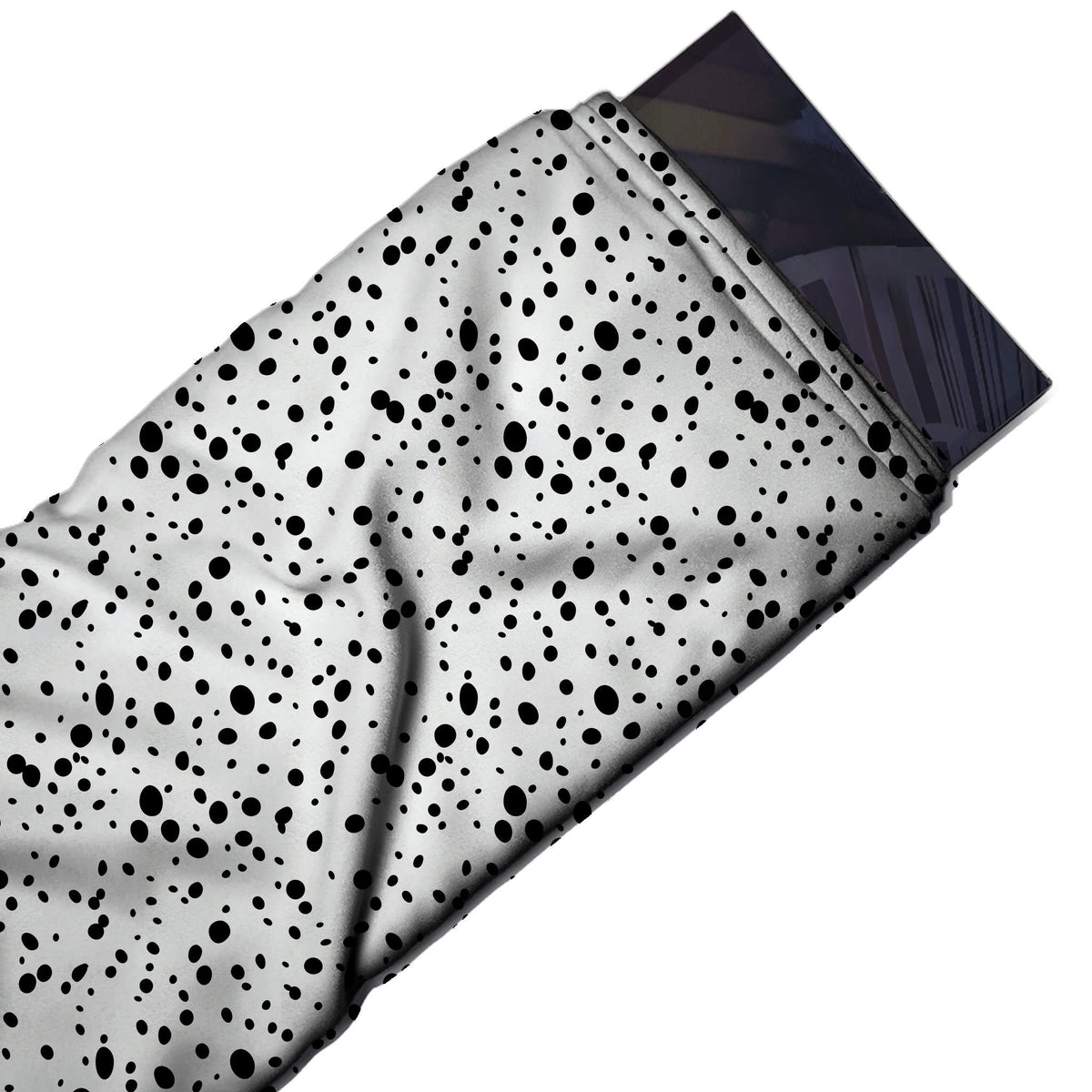 Flat fabric swatch: tossed all-over scatter of flat black oval and round spots in mixed, design Design No_4031, Clothwala