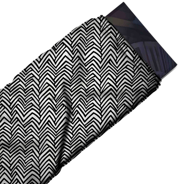 Flat fabric swatch: dense all-over geometric of black hand-drawn zigzag lines stacked, design Design No_4019, Clothwala