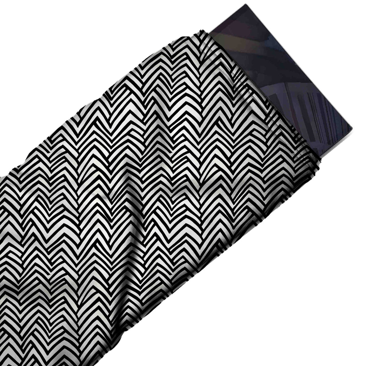 Flat fabric swatch: dense all-over geometric of black hand-drawn zigzag lines stacked, design Design No_4019, Clothwala