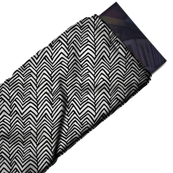 White & Black Sketched Zigzag Chevron Printed Spandex Fabric
