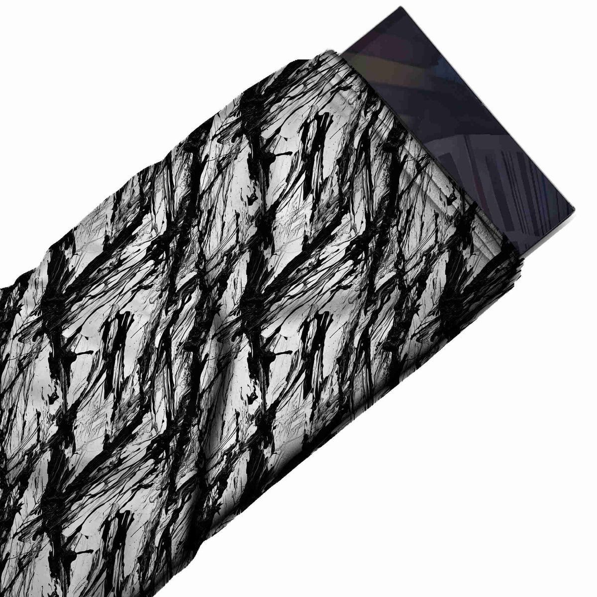 Flat fabric swatch: all-over layout of heavy black brush slashes slanting upward with fine, design Design No_4004, Clothwala