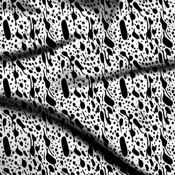 White & Black Slanted Ink Blobs Printed Spandex Fabric