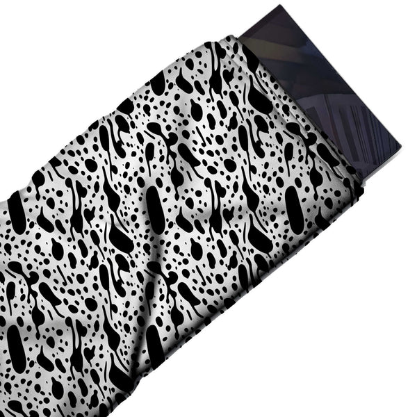 White & Black Slanted Ink Blobs Printed Spandex Fabric