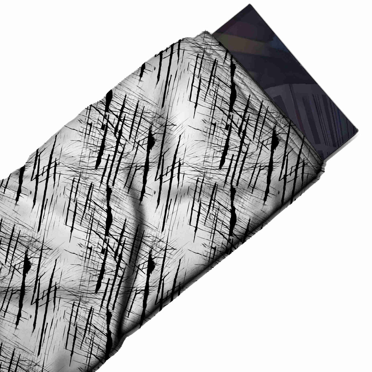 Flat fabric swatch: all-over layout of long tapered black slashes leaning slightly off, design Design No_3993, Clothwala