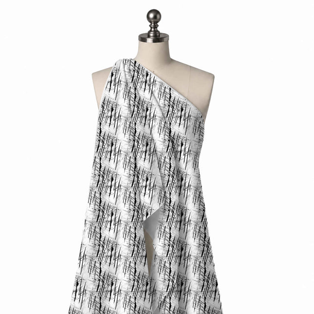 Draped on a mannequin: all-over layout of long tapered black slashes leaning slightly off, design Design No_3993, Clothwala