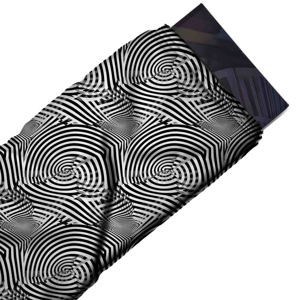 White & Black Spiral Ring Discs Printed French Crepe Fabric