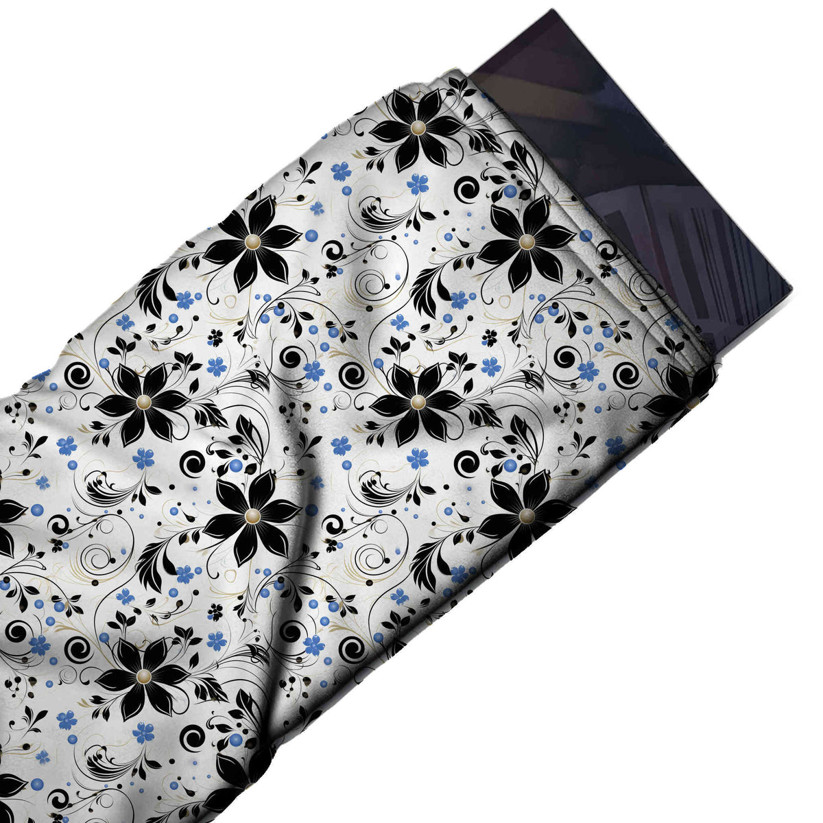 Flat fabric swatch: open all-over layout of medium black pointed-petal flowers with pale, design Design No_4392, Clothwala