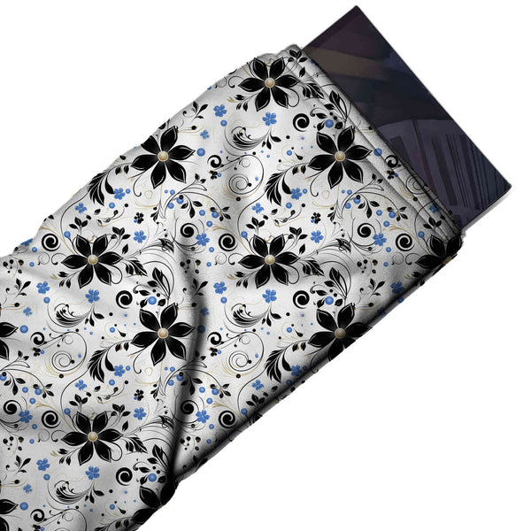 White & Black Star Flowers Printed Pure Natural Crepe Fabric