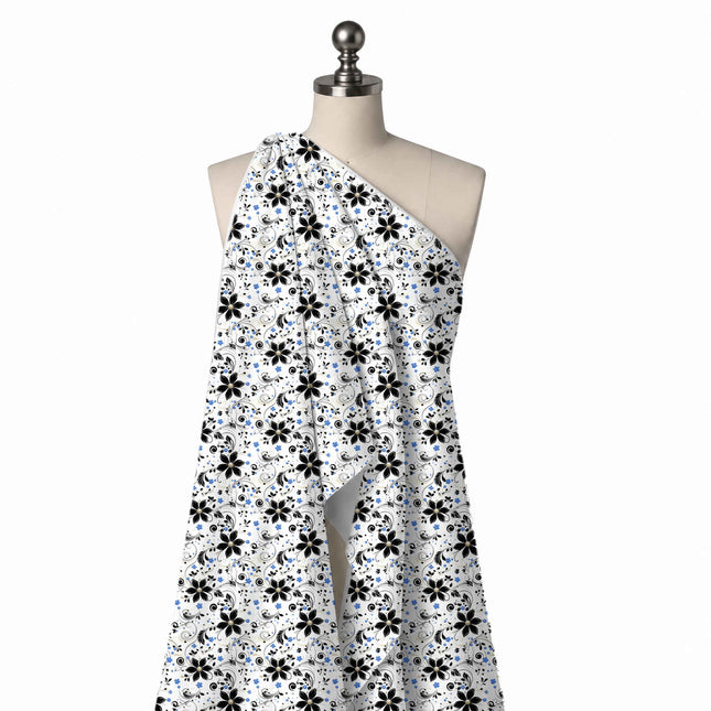 Draped on a mannequin: open all-over layout of medium black pointed-petal flowers with, design Design No_4392, Clothwala