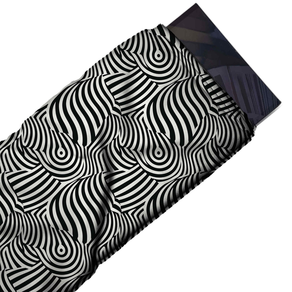 Flat fabric swatch: large-scale all-over op-art layout of flat black and white stripes in, design Design No_4129, Clothwala