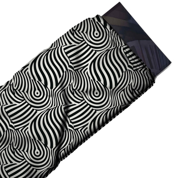 White & Black Target & Swirl Stripes Printed French Crepe Fabric