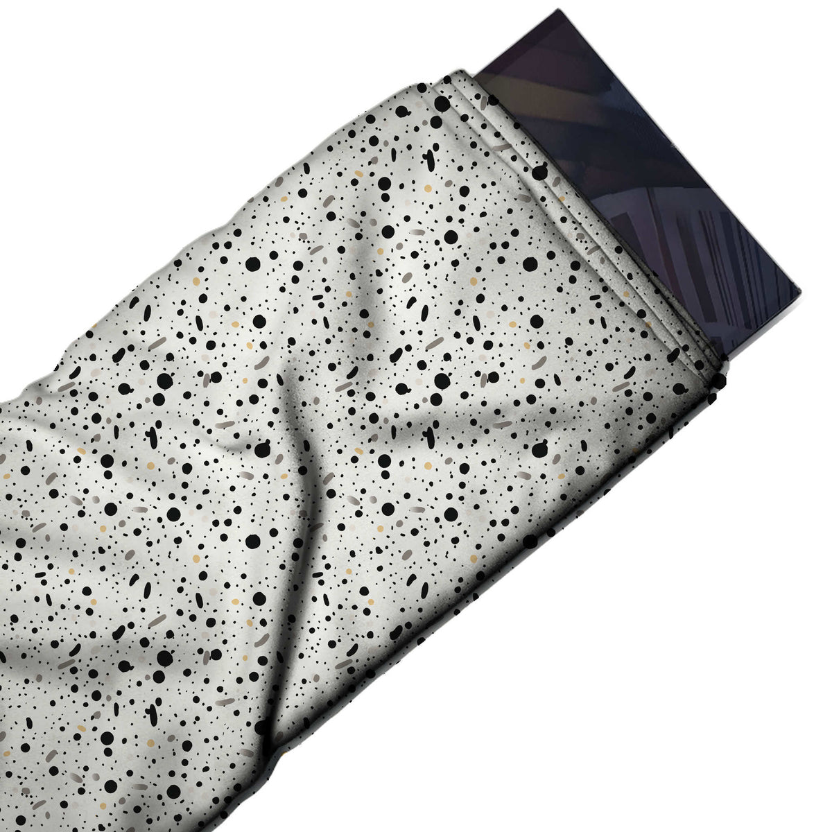 Flat fabric swatch: dense all-over speckle of small black dots in mixed sizes with short, design Design No_4046, Clothwala
