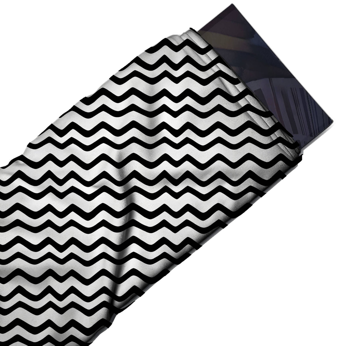 Flat fabric swatch: horizontal stripe layout of flat black undulating lines of fairly even, design Design No_4017, Clothwala