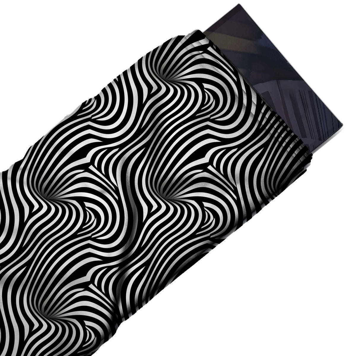 Flat fabric swatch: all-over op-art layout of medium-fine black and white flowing vertical, design Design No_4116, Clothwala