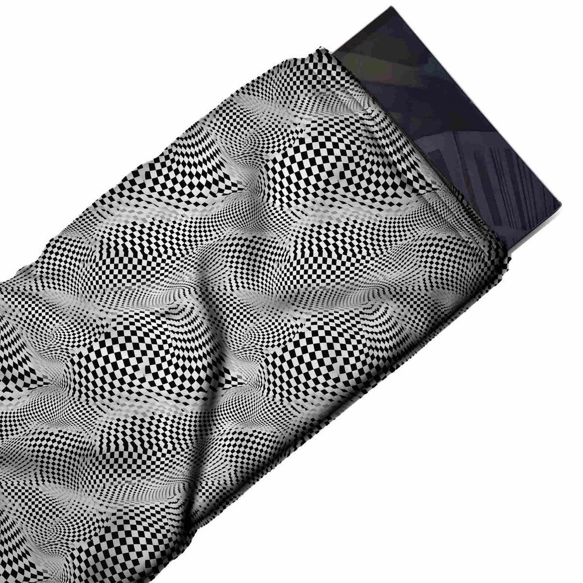Flat fabric swatch: all-over op-art layout of a black and white checkerboard stretched and, design Design No_4128, Clothwala