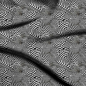 White & Black Warped Stripe & Check Printed French Crepe Fabric