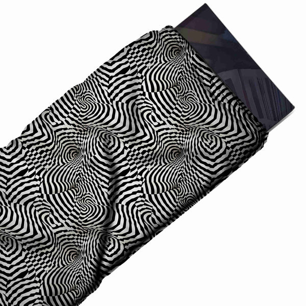 White & Black Warped Stripe & Check Printed French Crepe Fabric