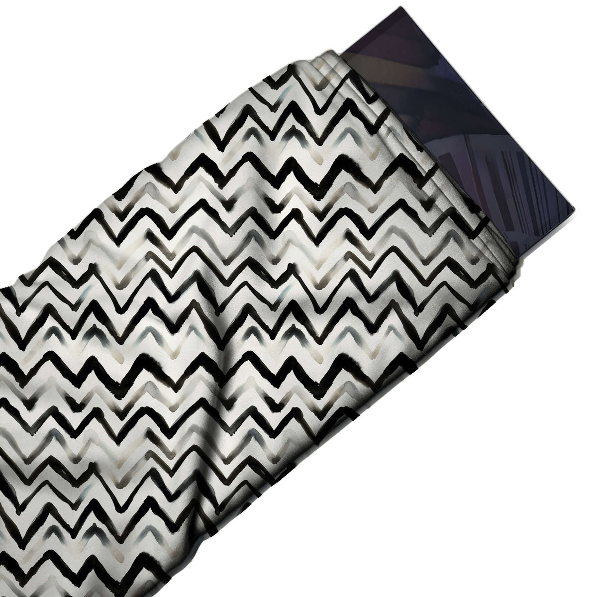 Flat fabric swatch: horizontal rows of black brush-painted zigzag lines of varying weight, design Design No_4022, Clothwala