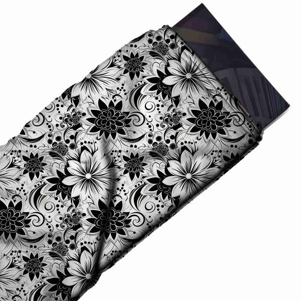 White & Black & White Scroll Floral Printed Pure Natural Crepe Fabric
